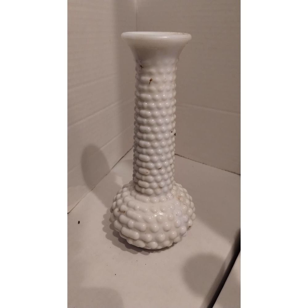 EO Brody Co. White Milk Glass Hobnail Bud Vase 7.5”